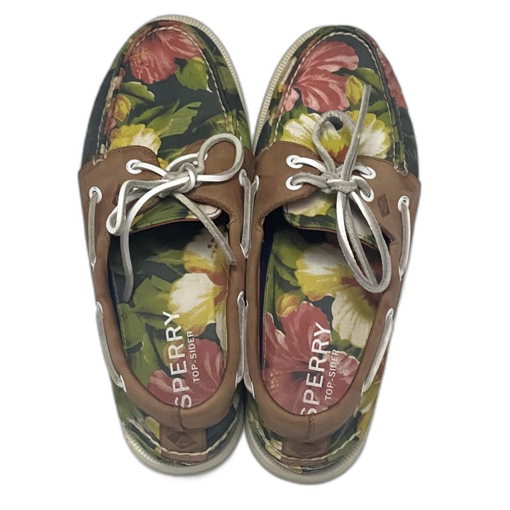 Sperry Leather Canvas Mens Boat Shoes Sz 8 Floral Preppy Casual Nautical Coastal - Picture 4 of 12